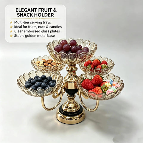 Smooth Spin Five Plate Amber Glass Serving Stand With Four Swivel Bowls And One Center Platter Gold Plated Bracket Black Crystal Details Quick Party Prep Head Turning Dessert Tray Decor with fruits and nuts displayed.