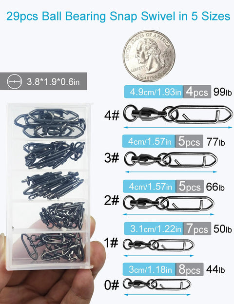 Ball Bearing Fishing Swivels With Quick Change Clips 29 Pack Slick Pro Grade Black Nickel Stainless Steel Snap Swivels Size 0 To 4 For Saltwater And Freshwater Ultra Smooth 360 Degree Rotation Reduces Line Twist, assorted sizes in case