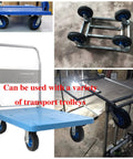 Heavy Duty Rubber Caster Wheels Set Of Four With Reliable Parking Brakes And True 360 Swivel Plates For Rolling Tool Boxes and Home Furniture Rolls Smooth On Any Surface on transport trolley with blue platform.