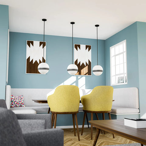 Pan 1 Light Pendant In Black With Round Milk Glass Shade And Black Stripes For Modern Home Lighting, dining room view