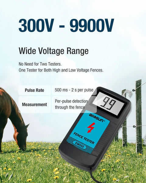 Electric Fence Voltage Tester And Fault Finder With Digital Display 0.3 kV To 9.9 kV Range 57 Inch Wire Lead Auto On Off Power Saving Design Blue EM555 shown on grass with a horse in background.