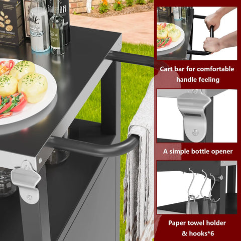 Outdoor Grill Cart With Large Storage And Foldable Stainless Steel Top Wheels And Towel Rack Bottle Opener Trash Rack 6 S Hooks