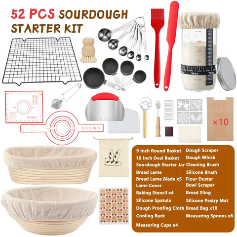 Ultimate Sourdough Starter Kit For Home Bakers with proofing baskets, cooling rack, starter jar, spatula, whisk, and measuring spoons