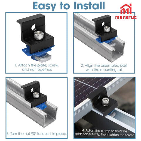 10 Piece Tough As Nails Solar Panel Clamps Black Aluminum End Brackets for 30 Millimeter Unistrut Rails mounted on rail.