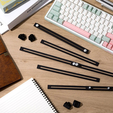 Badass Heavy Duty Adjustable File Cabinet Drawer Rails Set Contains Twelve Solid Metal Slides For Slick Storage Setup Keep Drawers Gliding Smooth Across Ten To Eighteen Inch Gaps In Matte Black laid out on a wooden desk with notebooks and a keyboard.