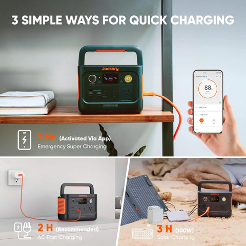 Solar Generator 240 V2 With 256Wh LiFePO4 Battery And 300W AC 100W USB C Output showing charging options with phone app.
