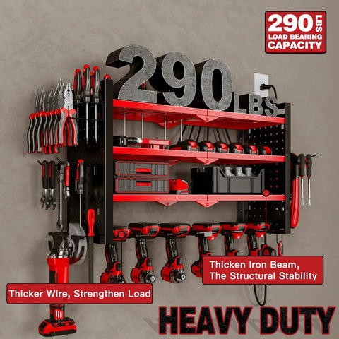 Power Tool Organizer Wall Mount With UL Certified 6 Outlet Charging Station 4 Layer 6 Slot Cordless Drill Holder And Angle Grinder Holder Red Heavy Duty Garage Workshop Storage with tools.