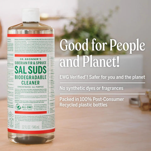 Sal Suds Biodegradable All Purpose Cleaner Concentrate bottle on table, pine scent, 32 oz size, non-toxic solution label visible