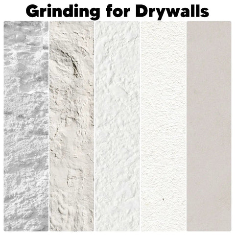 Grinding for Drywalls showcasing five surface textures for prep work before painting or finishing applications.