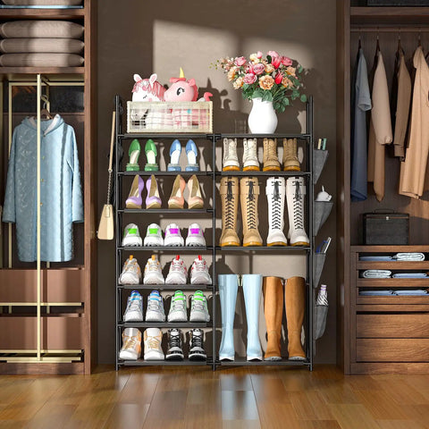 7 Tier Metal Shoe Rack Organizer With Side Pockets And Hooks for entryway closet bedroom and garage, holds shoes and boots