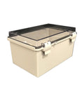 Heavy Duty NEMA 4X Plastic Electrical Enclosure 12 By 8 Inch Light Gray With Hinged Cover showing clear lid and latches.