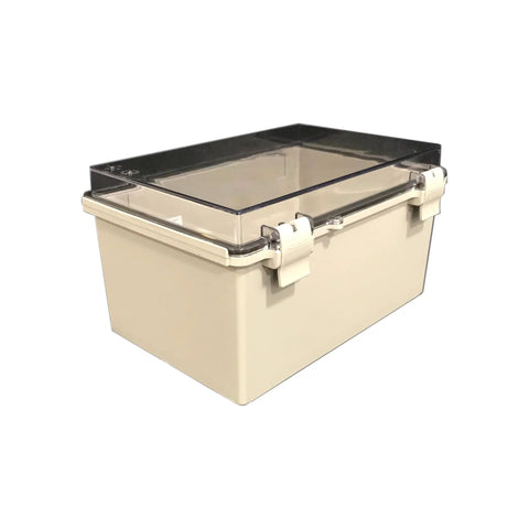 Heavy Duty NEMA 4X Plastic Electrical Enclosure 12 By 8 Inch Light Gray With Hinged Cover showing clear lid and latches.