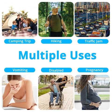 Image showing multiple uses for 900Ml Portable Disposable Urine Bags 12 Pack for travel, hiking, pregnancy, and more.
