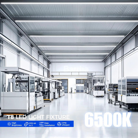 High Output 100W 15000LM 6500K T8 LED Shop Light Strip installed in a large industrial warehouse setting, 8Ft Linkable Garage Light