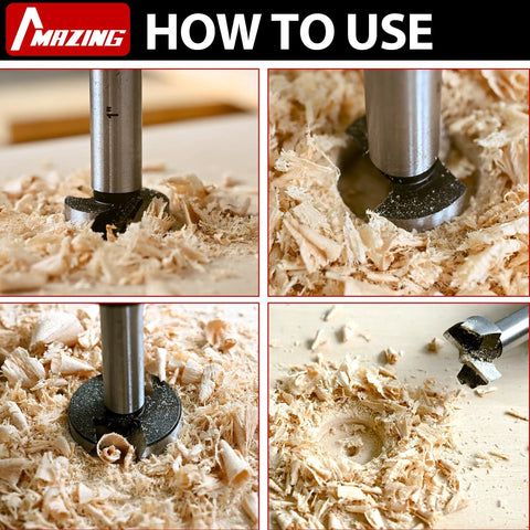 Pro Grade 16 Piece Forstner Drill Bits Set Featuring Tough As Nails Alloy Steel Round Shank Bits For Quick Chip Removal in use on wood.