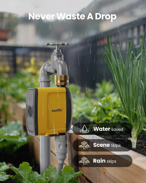 WiFi Water Timer For Sprinklers With Brass Inlet, Requires TWG004WRF WiFi Hub, 2.4GHz Only, attached to garden tap outdoors