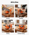 Heavy Duty Bench Vise In Beast Mode With 6 Inch Jaw Width shown during sawing, sanding, drilling, and conduit cutting.