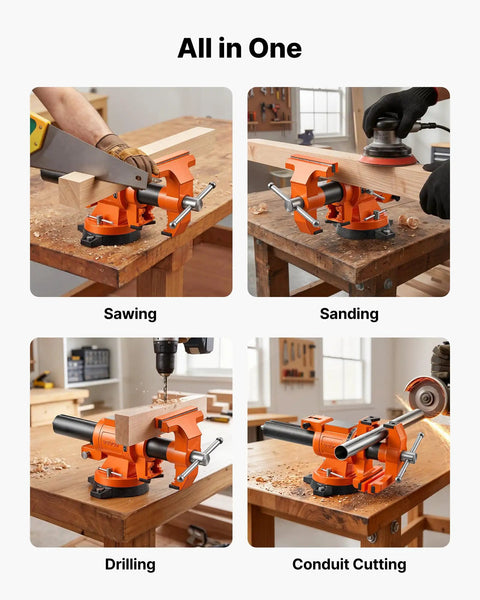 Heavy Duty Bench Vise In Beast Mode With 6 Inch Jaw Width shown during sawing, sanding, drilling, and conduit cutting.