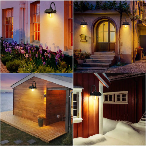 Solar Barn Light With Vintage Outdoor Lantern Look on home and garage walls at dusk, showcasing 3 lighting modes and motion sensor.