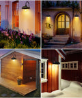 Old School Solar Barn Light Outdoor Wall Sconce with Three Modes illuminating farmhouse porch at night.
