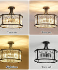 Six Light Black Semi Flush Mount Crystal Chandelier Modern Ceiling Light Fixture with sparkling crystals on and off
