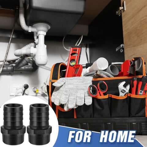 Pool PVC Barbed Fittings To NPT Male Adapters One And A Half Inch Tubing Connectors Kit shown with toolbox and plumbing setup