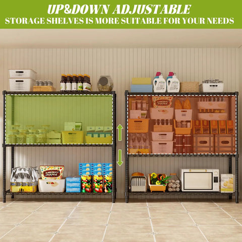 Heavy Duty 3 Tier Wire Shelving Unit With 1200 Lbs Capacity, 48 Inch Long By 20 Inch Wide By 47 Inch High Industrial Storage Rack For Garage, Kitchen, Laundry, Basement, Rust Resistant, Adjustable Shelves in kitchen storage setup