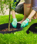 Person installing 148 Ft Garden Landscape Edging Kit With 4 Inch Tall Border Easy Install DIY Friendly Includes 70 Spiral Anchors And 20 Connectors Black Border Roll For Walkways Flower Beds Lawns And Yard Decor around tree with gloves.