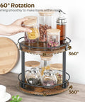 2 Tier Lazy Susan Spice Rack Set With Smooth 360 Degree Spin Rotating Spice Organizer on countertop with jars and rustic brown finish.
