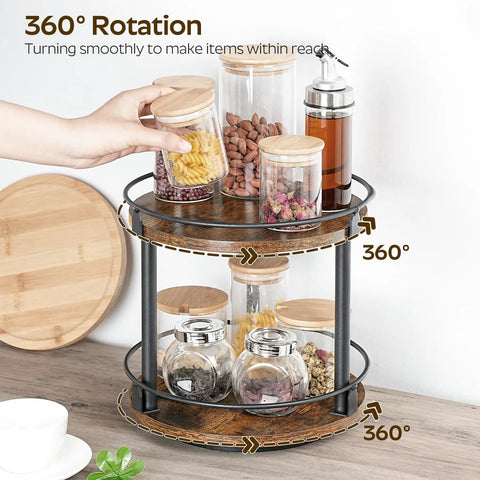 2 Tier Lazy Susan Spice Rack Set With Smooth 360 Degree Spin Rotating Spice Organizer on countertop with jars and rustic brown finish.