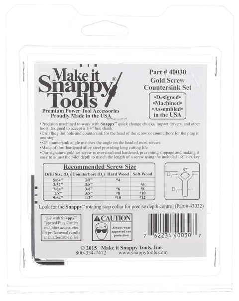 Back view of packaging for Gold Screw Countersink Drill Bit Set, features product specifications and usage instructions.