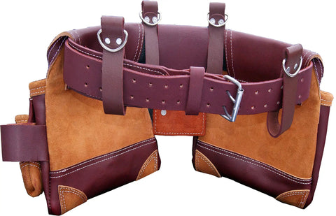 Pro-Grade Full-Grain Leather Tool Belt Rig in Maroon with deep pockets, showing front view of leather design.