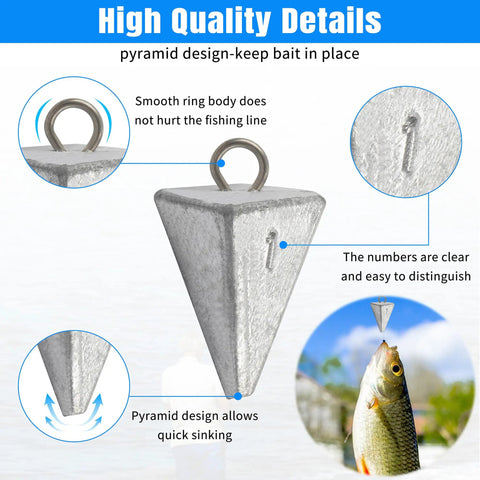 Pyramid metal sinker with smooth ring body and clear markings from All Purpose Fishing Sinker Weights Kit With 100 Pcs Varied Bass Casting Sinkers Removable Split Shot Bell Drop Pyramid Disc Weights For Saltwater And Freshwater Catfish Angling Gear.