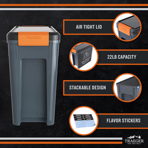 Level Up Your Smoke Game With This Heavy Duty Pellet Storage Bin featuring airtight lid, 22lb capacity, stackable design.