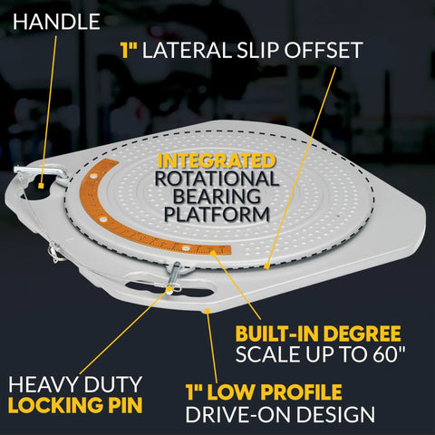 AUTOSOLO wheel alignment turn plate, front view, integrated rotational bearing platform with orange degree scale