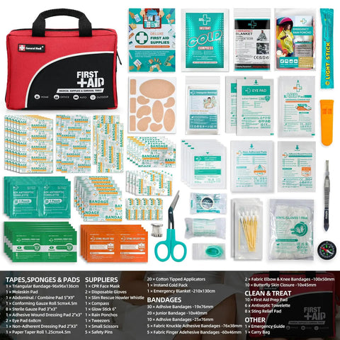 Must Have 160 Piece First Aid Kit With Ice Pack Emergency Blanket And Moleskin Pad Ultra Lightweight Travel Ready Set For Home Office Car Camping And Workplace Safety ISO Certified Red with visible contents spread out.