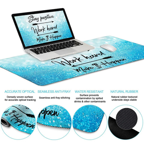 Stay Positive XXL Desk Mat Pad Set With Cushioned Wrist Rest For Mouse And Keyboard Large Gaming Mouse Pad With Wrist Support Extended Desk Pad For Your Home Office Setup Coaster Included Non Slip Ergonomic Workspace Vibes, showing keyboard and mouse on desk mat with motivational text