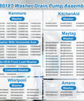 280187 Washer Drain Pump Filter Assembly compatibility chart for Kenmore, Maytag, Whirlpool, and KitchenAid models.