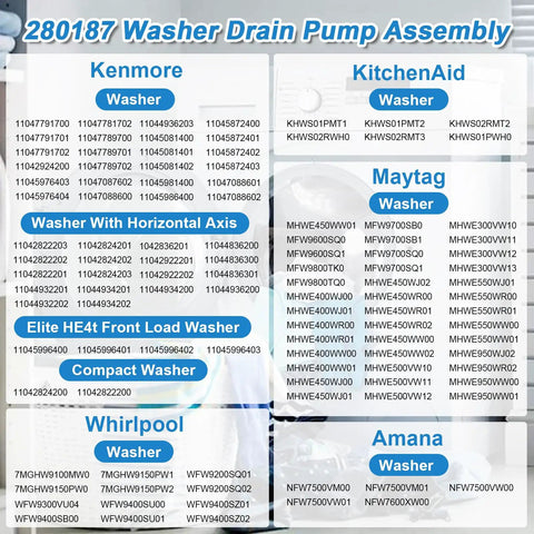 280187 Washer Drain Pump Filter Assembly compatibility chart for Kenmore, Maytag, Whirlpool, and KitchenAid models.