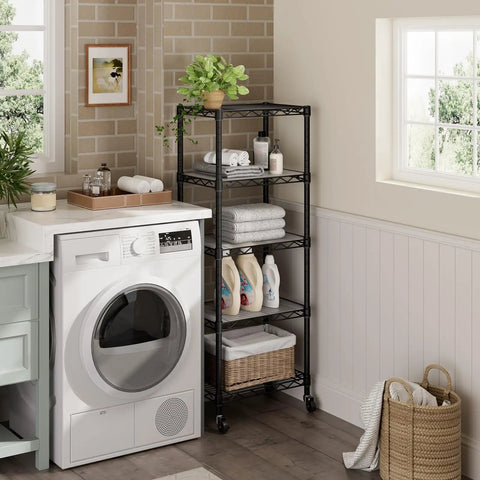 Solid Build Adjustable Wire Rolling Shelving Unit With Smooth Glide Casters And Moisture Resistant Steel Mesh For Clutter Free Closet Organization And No Hassle Multi Tier Storage Rack