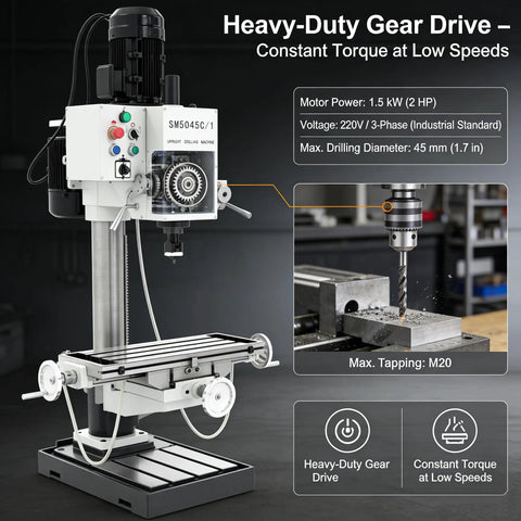 Gear Head Vertical Drill Press With Automatic Feed For Drilling, Tapping And Milling, 45mm Drilling And M20 Tapping, plus machine details