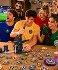 Group of friends using 3 In 1 Button Maker Kit With 1 In, 1.25 In, And 2.25 In Molds For DIY Pin Badges on a wooden table