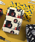 Mechanic Themed Wrapping Paper Pack With 12 Sheets In 3 Designs Featuring Wrench, Screw, And Tire Auto Parts Graphics For Gearheads, Car Enthusiasts, Mechanics, And DIYers, Durable Gift Wrap For Father's Day 20x28 Inches shown with tool prints and tire design