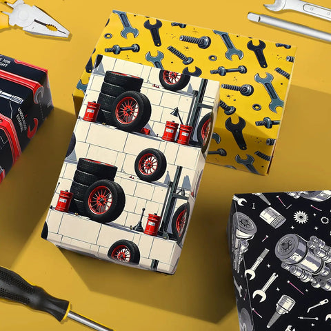 Mechanic Themed Wrapping Paper Pack With 12 Sheets In 3 Designs Featuring Wrench, Screw, And Tire Auto Parts Graphics For Gearheads, Car Enthusiasts, Mechanics, And DIYers, Durable Gift Wrap For Father's Day 20x28 Inches shown with tool prints and tire design