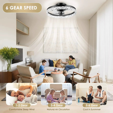 24-Inch Low Profile Ceiling Fan With Light Bladeless Flush Mount Remote And App Control in a modern living room setting