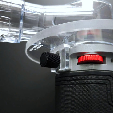 Close-up of Knockout Router Base Plate Dead Nuts Fits Bosch Colt 18V Power Tool with adjustment controls and clear acrylic.
