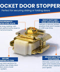 Sliding Door Stop Set Of 2 For Pocket And Bi-Passing Doors, Universal Track Stopper shown with descriptions.