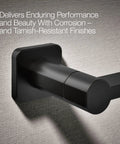 Matte black Parallel Pivoting Toilet Paper Holder in wall-mounted design with corrosion-resistant finish.