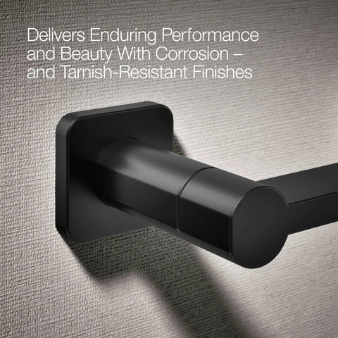 Matte black Parallel Pivoting Toilet Paper Holder in wall-mounted design with corrosion-resistant finish.