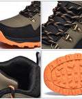 Close-up of Waterproof Steel Toe Work Boots For Men With Wide Toe Design, featuring orange non-slip outsole and durable laces.